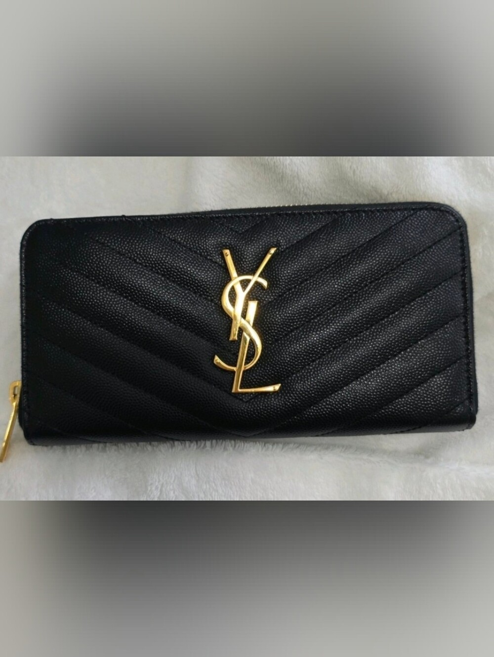 Saint Laurent Black Chevron Quilted Zip Wallet with Gold YSL Emblem